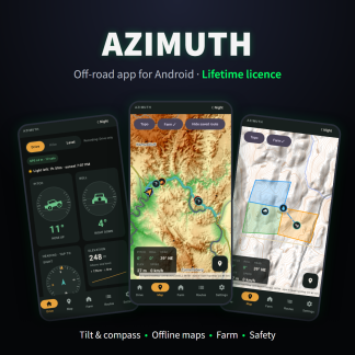 Azimuth off-road app for Android: tilt, compass, offline maps and farm screens